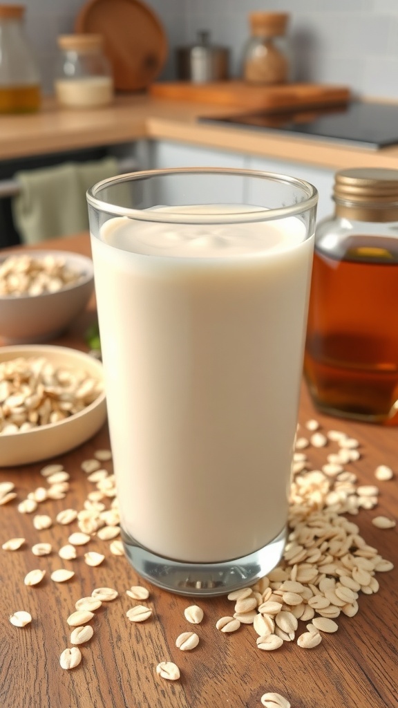 A glass of oat milk on a wooden table with rolled oats and maple syrup.